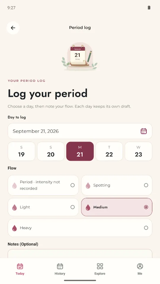 Pharmayo app period log screen